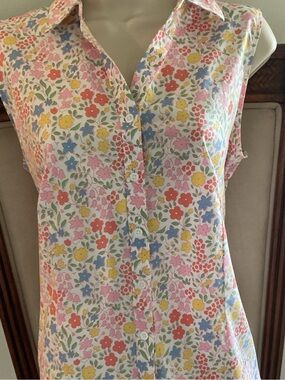Talbots Sleeveless Floral Button-Down Top — White with Pink, Yellow, Blue, Green